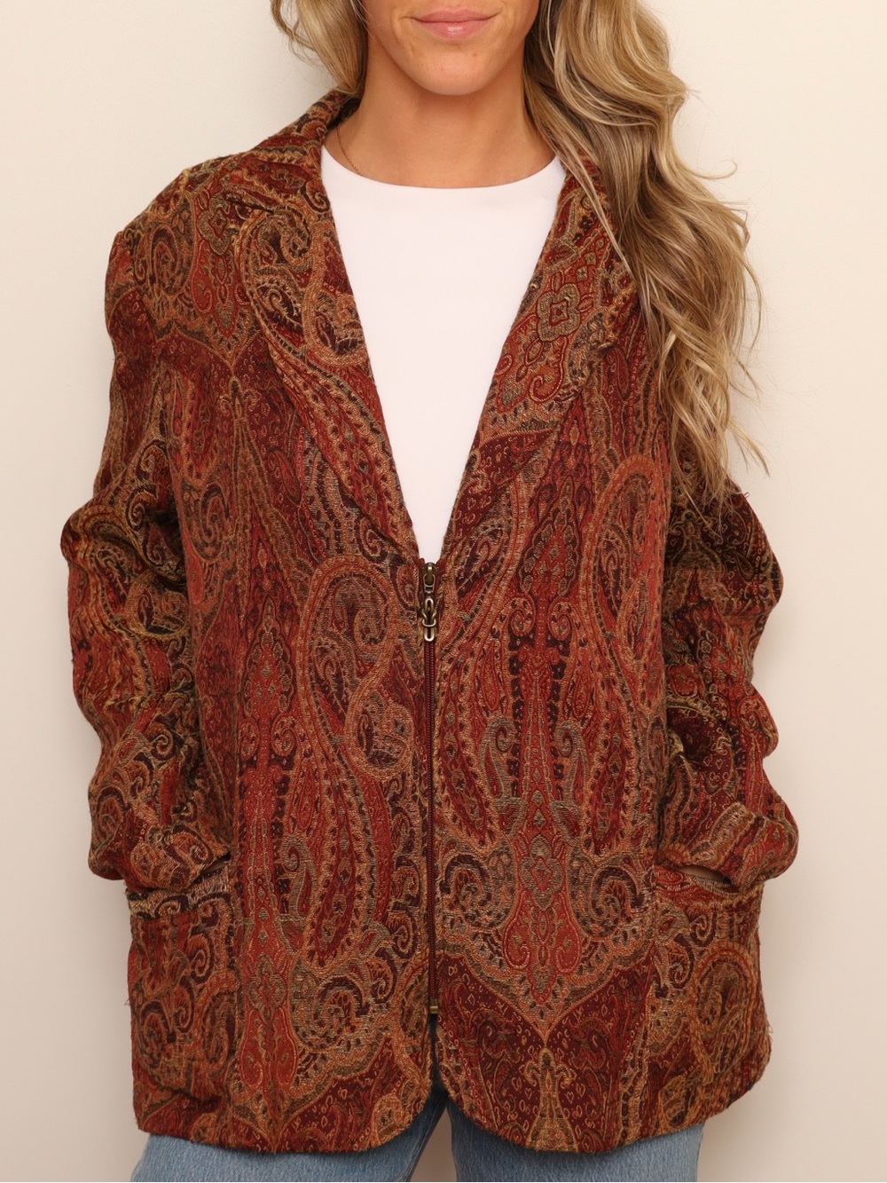 Vintage Paisley Tapestry Blazer Jacket Burgundy Brown Full Zip